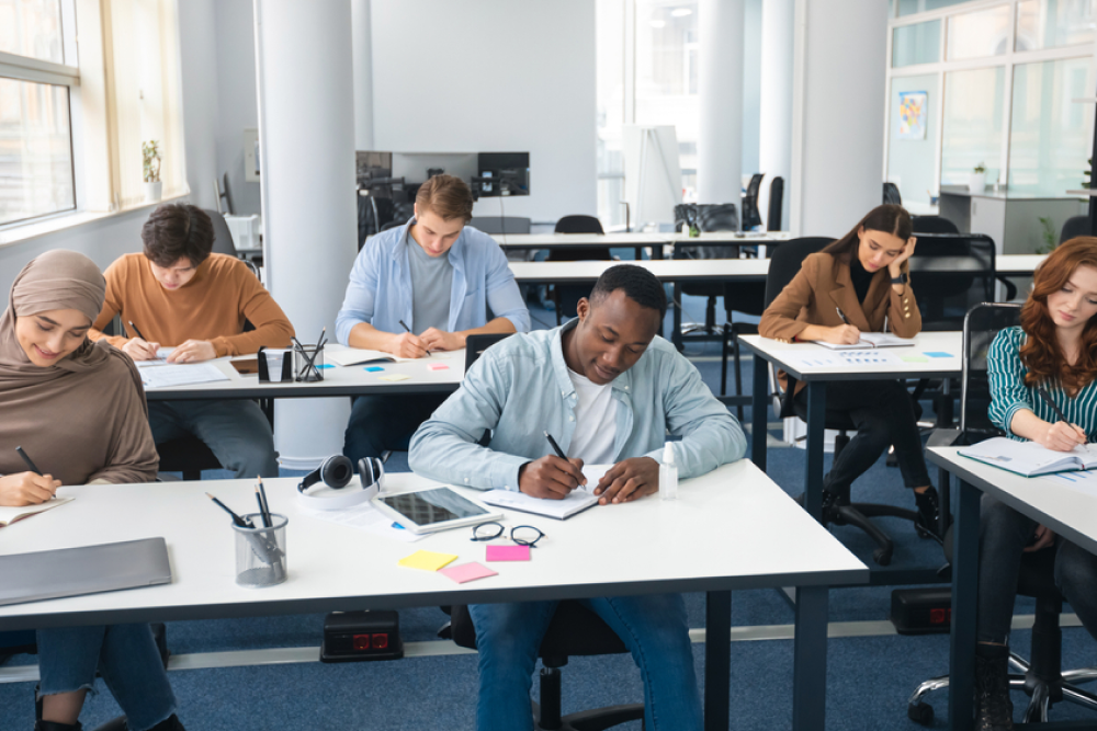 Modern,Education,Concept.,Portrait,Of,Diverse,Group,Of,Students,Sitting